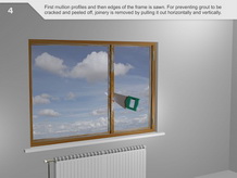 أولاً، يتم قطع بروفيل التي T ، ثم الإطارات الجانبية بالمنشار. تتم إزالة المقطع عن طريق سحبه في الاتجاهين    الرأسي والأفقي، لمنع الجص من الكسر والسقوط.