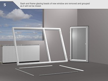 يتم اخراج وتحضير جوانب النافذة الجديدة وشرائح تثبيت زجاج النافذة    وترتيبها في مجموعات دون أن تتداخل.