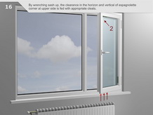 يتم رفع الضلفة للأعلى وتعبئة    الفجوة المتكونة في الجزء العلوي من ناحية زاوية الإسبانيوليت بأسافين دعم    الزجاج على شكل أفقي وعمودي.